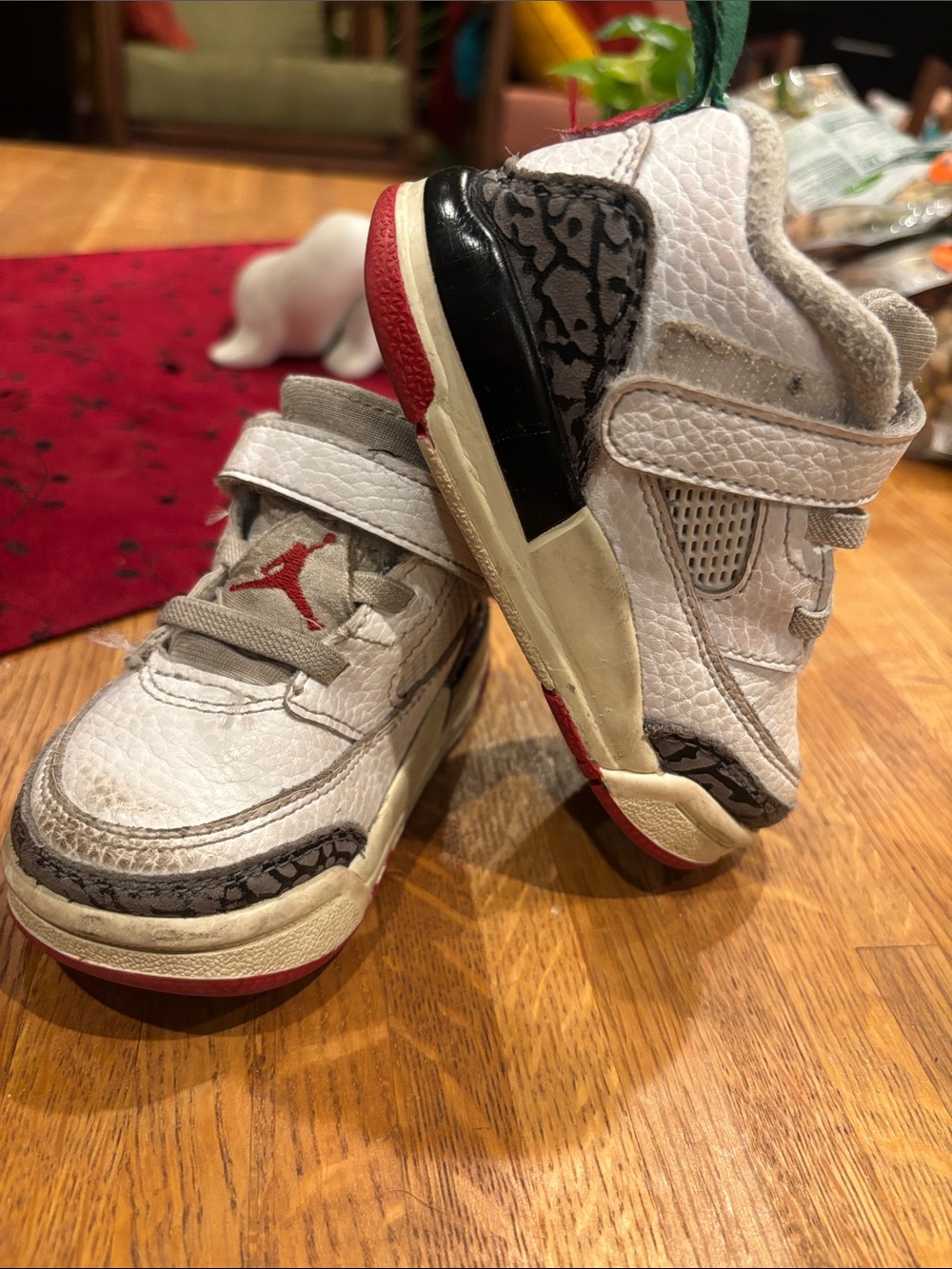 Jordan Baby White and Red High-Top Walker Shoes with Green Pull Tabs